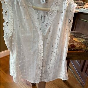 WHBM Outlet Eyelet Lace Trim White Sleeveless Top